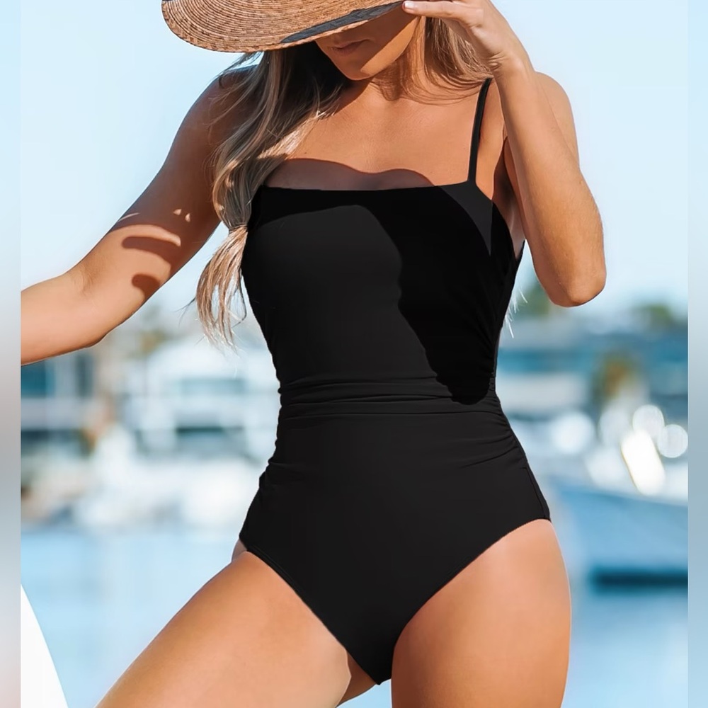 Shirred Square Neck One Piece Swimsuit